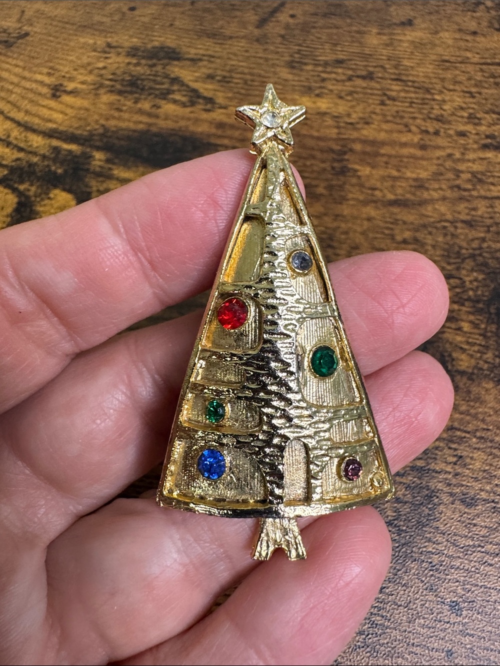 Vintage Gold-Tone Christmas Tree Brooch with Multicolor Stones - Vintage